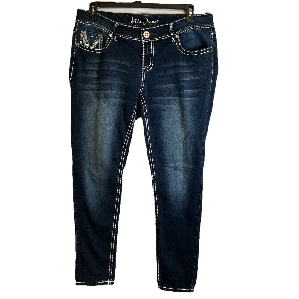 Ariya Jeans Women SZ 14 Dark Wash Embroidered Flap Pocket Stretch